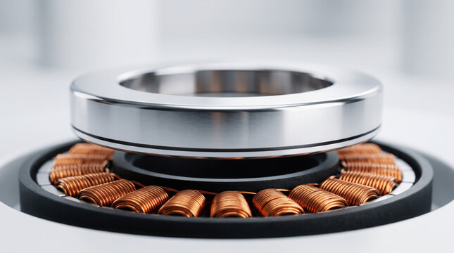 A metallic magnetic ring levitates above a circular copper coil motor in a clean laboratory.