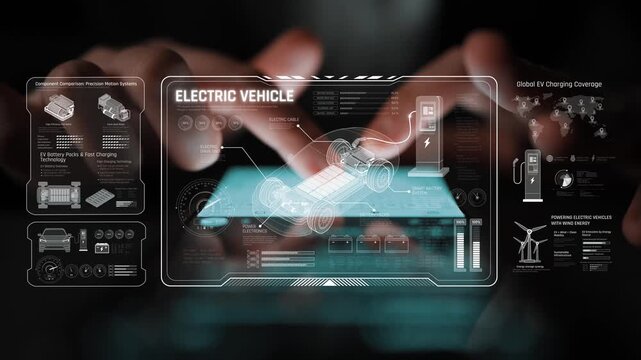 Technical layout of electric vehicle showing battery system, power control, traction motor, charging interface, and integration with renewable and smart energy sources Marrow