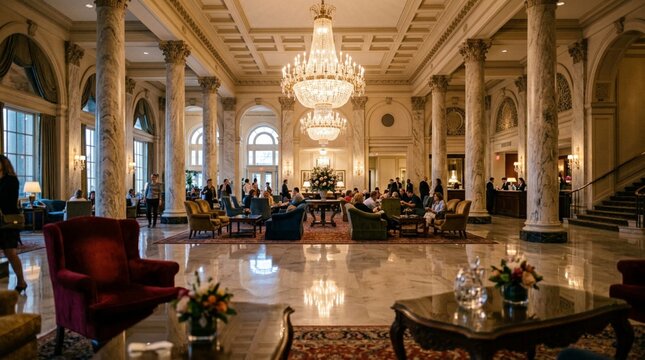Grand luxury hotel lobby interior with polished marble floors, ornate crystal chandeliers, classical columns, plush velvet armchairs, and elegant guests socializing in opulent neoclassical