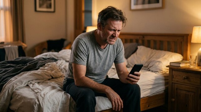 Exhausted middle-aged man in grey t-shirt sitting on unmade bed, staring at smartphone with tired expression in dimly lit bedroom, late night fatigue and stress mood