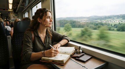 Fototapeta premium Woman sitting on train looking out window during peaceful travel and public transit journey