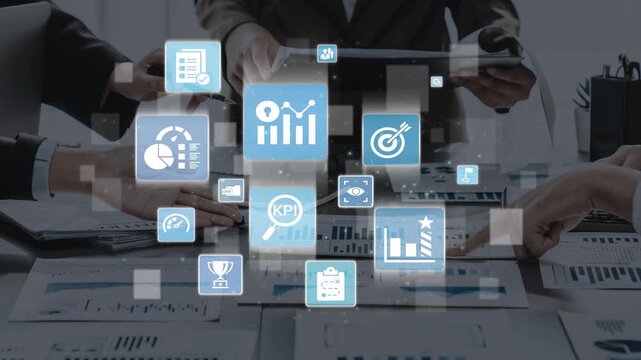 KPI icons show performance metrics, goals, and achievement measurement. KPI helps business track progress, KPI supports management, and KPI improves strategy results. Funnel
