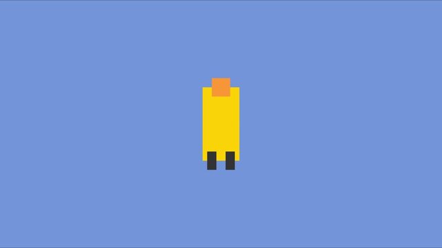 Minimalist pixel character walking animation: simple 2 d game sprite on blue 4k background