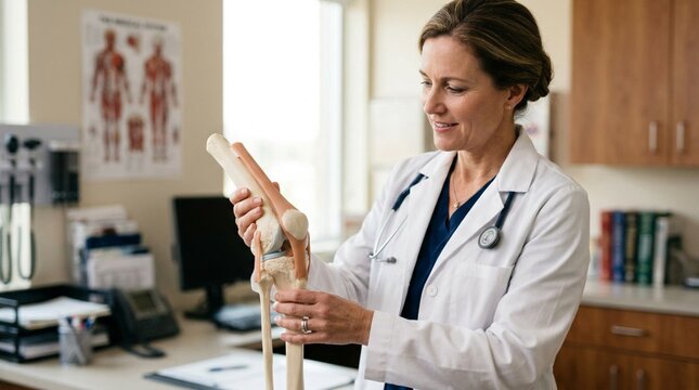 Confident female doctor in white lab coat examining detailed anatomical human knee joint model in medical clinic office with stethoscope and poster