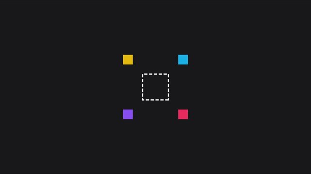 Minimalist rotating square animation with colorful orbiting on dark 4k background, abstract motion minimalist