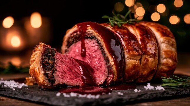 Premium commercial food photography of traditional luxury Christmas Beef Wellington being sliced with a sharp knife and rich red wine jus gravy flow