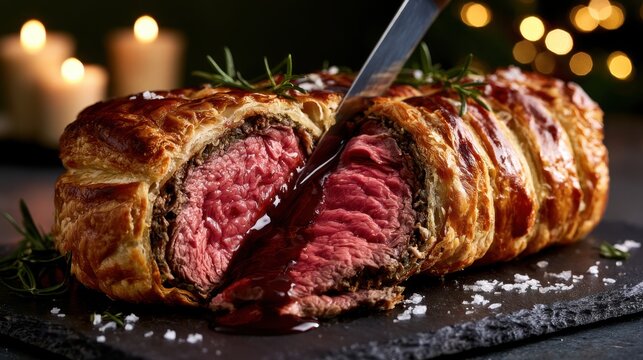 Premium commercial food photography of traditional luxury Christmas Beef Wellington being sliced with a sharp knife and rich red wine jus gravy flow
