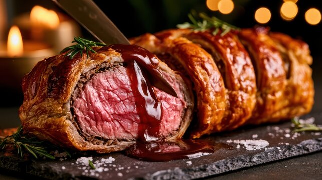 Premium commercial food photography of traditional luxury Christmas Beef Wellington being sliced with a sharp knife and rich red wine jus gravy flow