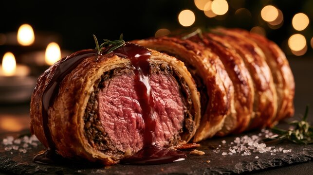 Premium commercial food photography of traditional luxury Christmas Beef Wellington being sliced with a sharp knife and rich red wine jus gravy flow