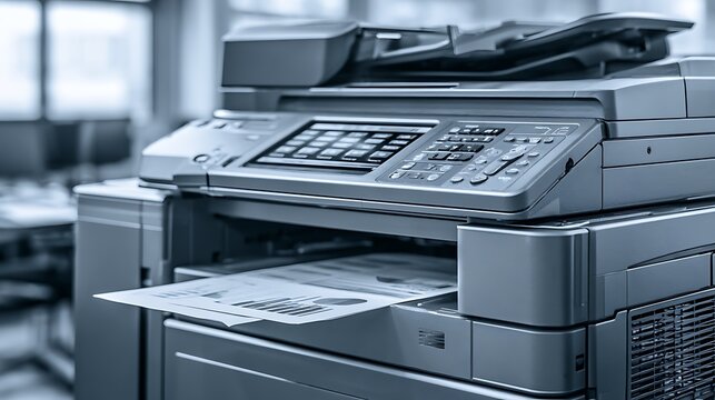 Modern multifunction printer ejecting printed documents in a bright corporate office. Ideal for business administration and office equipment concepts.
