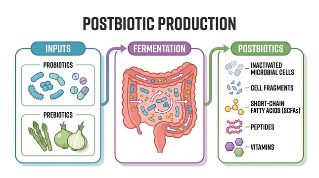 Diagram explaining postbiotic production with inputs of probiotics and prebiotics fermented in gut leading to postbiotics like vitamins and peptides.