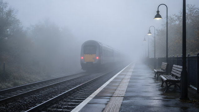 Steam locomotive train moving through foggy railway station platform in dramatic morning light