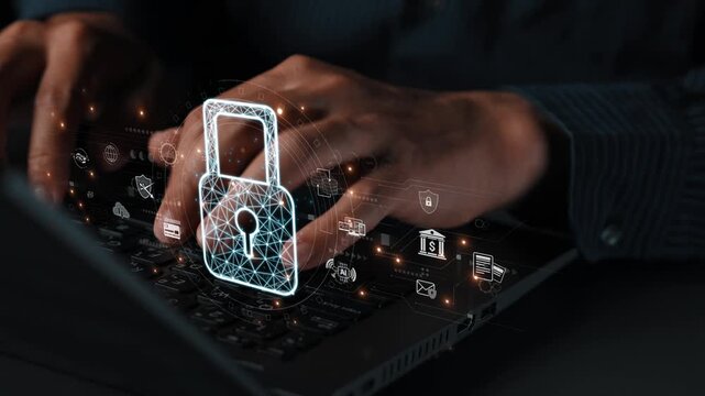 Cybersecurity protection system showing password encryption, fingerprint ID, cloud security, email, credit card, and database lock for secure data access Marrow