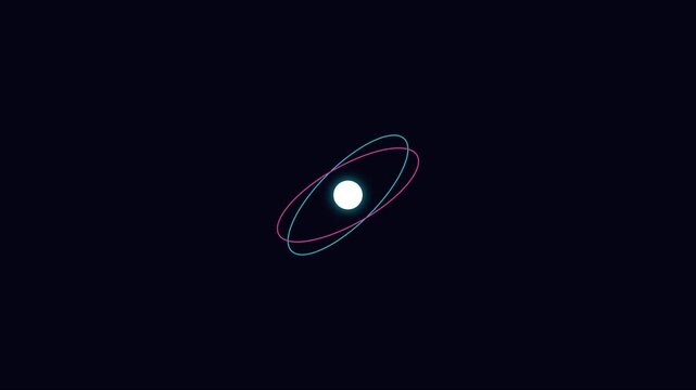 Neon atom model animation with rotating orbital rings on dark 4k background, for science and, technology concepts