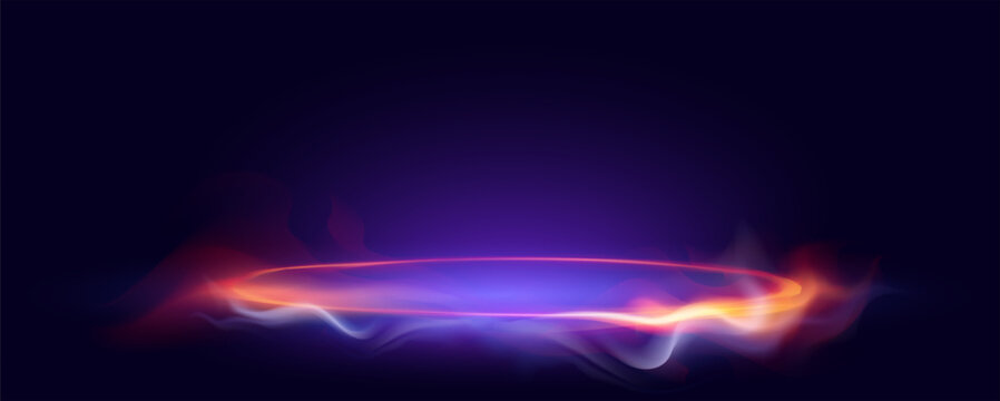 Futuristic neon ring podium with glowing orange and blue smoke on dark background vector illustration