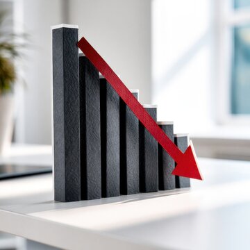 Conceptual 3d bar chart showing steady decline with a red downward arrow symbolizing decreasing performance or loss in a bright office setting