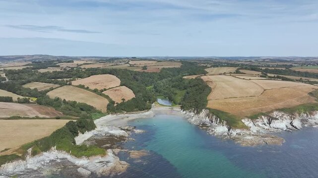 Polridmouth Cove over Fowey Estuary from a drone, Fowey, Cornwall, England