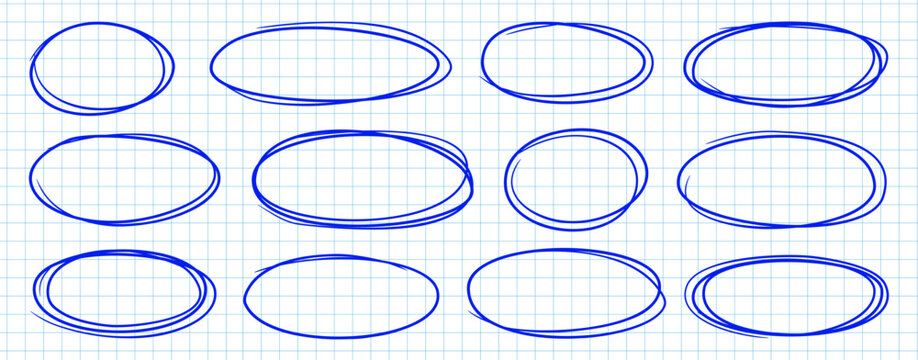 Hand drawn blue pen ellipse highlights for marking, circling and emphasizing text, notes and information. Oval annotation elements for school, office, education, documents and creative design.