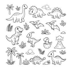 Cute Dinosaur Vector Set, Kawaii Style Black and White Coloring Page Elements © Samiulislam
