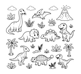 Dinosaur Coloring Page Set with Cute Prehistoric Animals and Volcano Line Art Illustration © Samiulislam