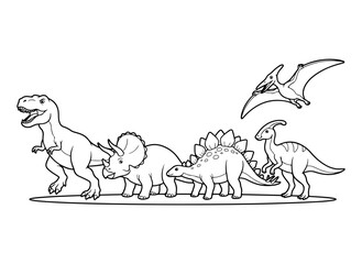Dinosaur group coloring page illustration, cute cartoon line art vector © Samiulislam