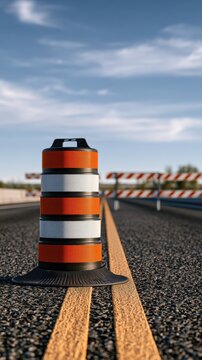 Bright orange and white striped traffic barrel centered on double yellow lines with roadblock barriers in the background under blue cloudy sky on an asphalt str