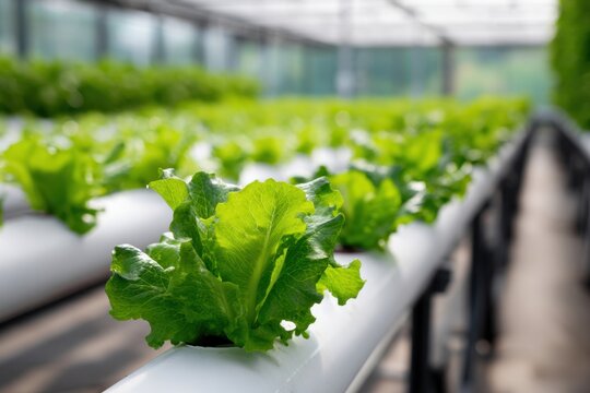 Fresh green lettuce thriving in a modern hydroponic farm with rows of plants growing in nutrient-rich water inside a controlled greenhouse environment