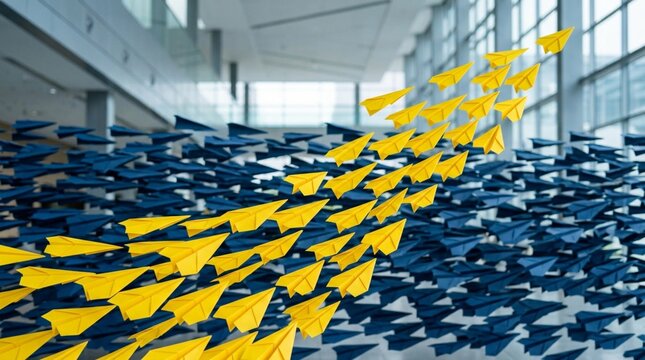 Vibrant yellow paper airplanes breaking away from a sea of blue ones, soaring through a modern glass atrium, symbolizing bold innovation and leadership strategy