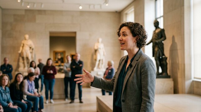 Female museum guide speaking to blurred audience among classical sculptures and statues in gallery hall, shallow depth of field captures her expressive gesture and attentive
