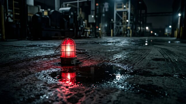 Red emergency warning beacon glowing on wet concrete floor at night in industrial facility, small puddle reflecting ruby light, caution hazard safety signal in dark factory corridor