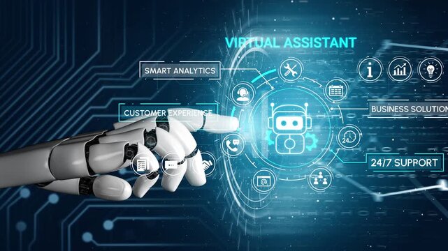 Futuristic Robot Hand Interacting with Virtual Assistant Icons and Analytics Symbols in a High-Tech Digital Environment. Entropy.