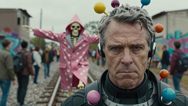 Futuristic Figure with Colorful Orbs Amidst Urban Scene with Skeleton Costume