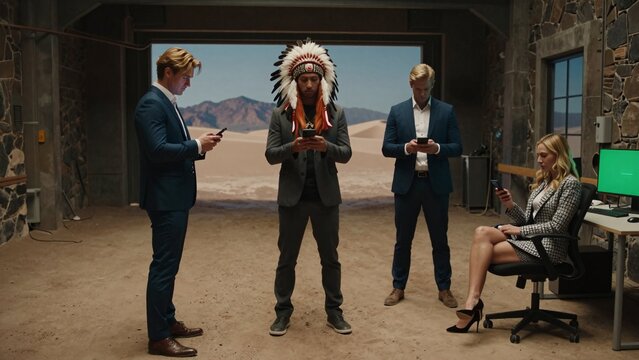 Business professionals in desert-themed office with cultural headdress and smartphones