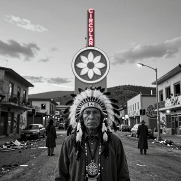 Native American Man in Traditional Headdress on Urban Street with Neon Sign