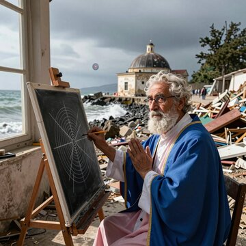 Elderly Scholar Painting Geometric Design by Seaside