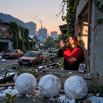Woman Holding Heart Pillow in Abandoned Urban Ruins at Sunset