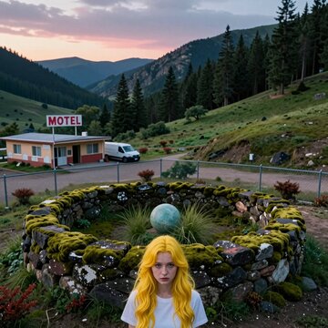 Yellow-Haired Woman at Moss-Covered Stone Circle with Mountain Motel Sunset