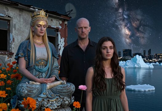 Mystical Night Scene with Statue, Humans, and Celestial Sky