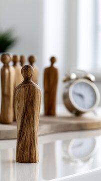 Abstract wooden figures arranged symbolically near a vintage clock representing leadership and the concept of time management in a modern workspace setting