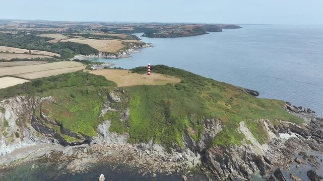 Gribbin Daymark over Gribbin Head from a drone, Fowey Estuary, Fowey, Cornwall, England