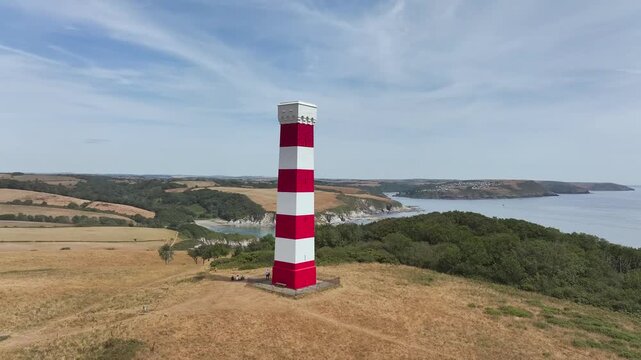 Gribbin Daymark over Gribbin Head from a drone, Fowey Estuary, Fowey, Cornwall, England