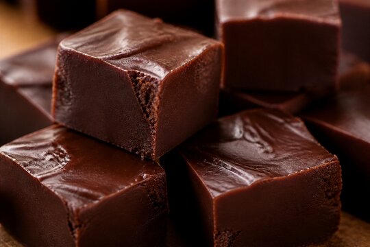 Chocolate fudge cubes stacked on wooden cutting board