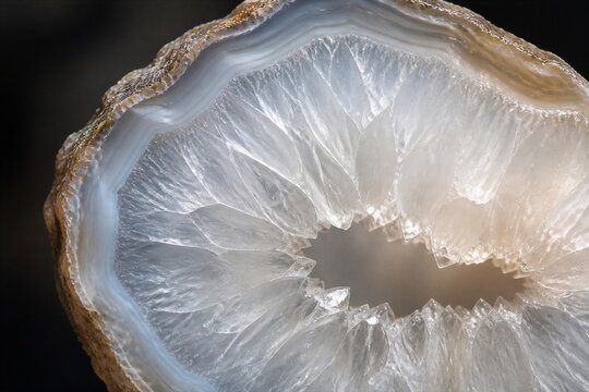Agate geode displaying crystalline cavity on dark background