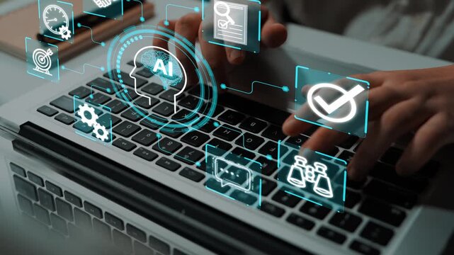 Hands typing on a laptop keyboard with futuristic AI icons and digital elements representing technology, innovation, and artificial intelligence concepts. Entropy.