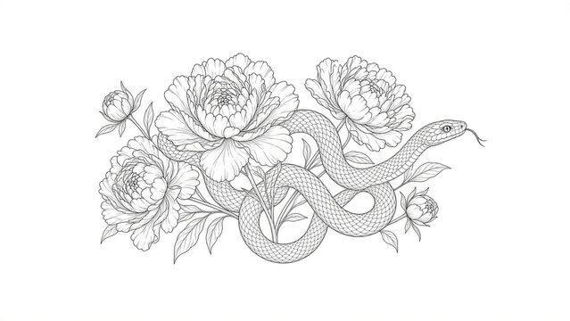 Detailed black and white line art illustration of snake entwined with peonies on blank background for tattoo design inspiration and botanical artistic reference