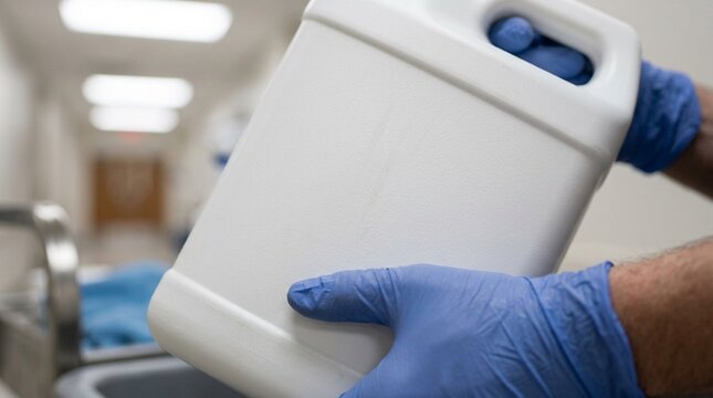 Supporting a heavy disinfectant jug with both arms while restocking the cleaning cart, hospital cleaning supplies and housekeeping logistics
