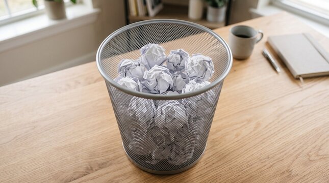 Metal mesh office wastebasket filled with crumpled paper balls sits on light wooden desk next to coffee mug and notebook in bright workspace interior setting.