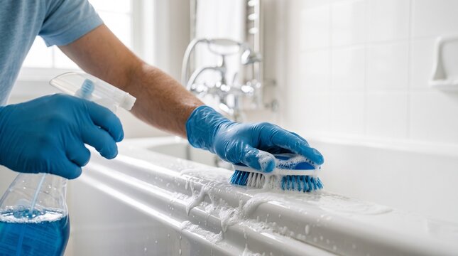 Person wearing blue protective gloves cleans bathroom tub using foamy soap spray bottle and plastic scrub brush to disinfect porcelain surface in modern washroom.