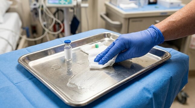 Worker wiping down a specimen collection tray immediately after a bedside sample is taken, hospital bed sanitation and infection control