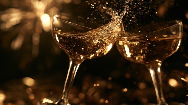 Premium commercial lifestyle food photography of luxury vintage crystal champagne coupes clinking in a midnight toast with fireworks bokeh